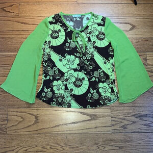 Causal Land Y2K Green and Brown Boho Mesh Long Sleeve Blouse P